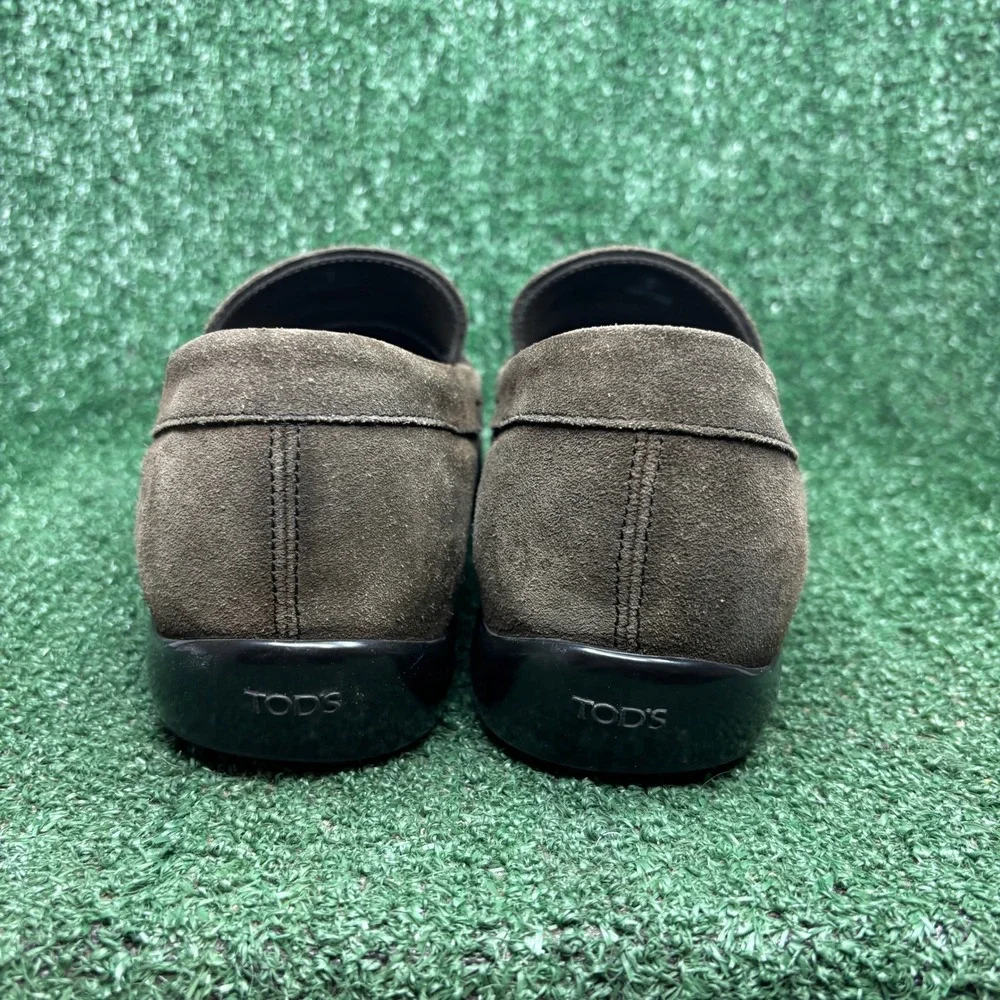 Tods Suede Penny Loafer Slip On Moccasin GOMMA Luxury Shoes Brown Mens Size 10.5
